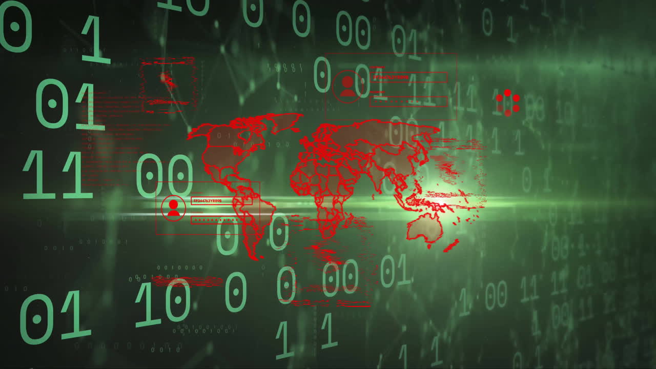 Animation of world map, binary coding and data processing over computer servers