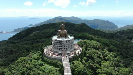 Hong-Kong-Nong-Ping-big-Buddha-and-surrounding-lush-green-environment,-Aerial-view