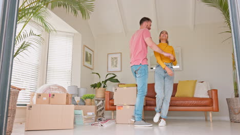 Real-estate,-moving-and-couple-dance-for-new-home