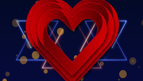 animation of red heart icon over neon light trails and yellow spots against blue background