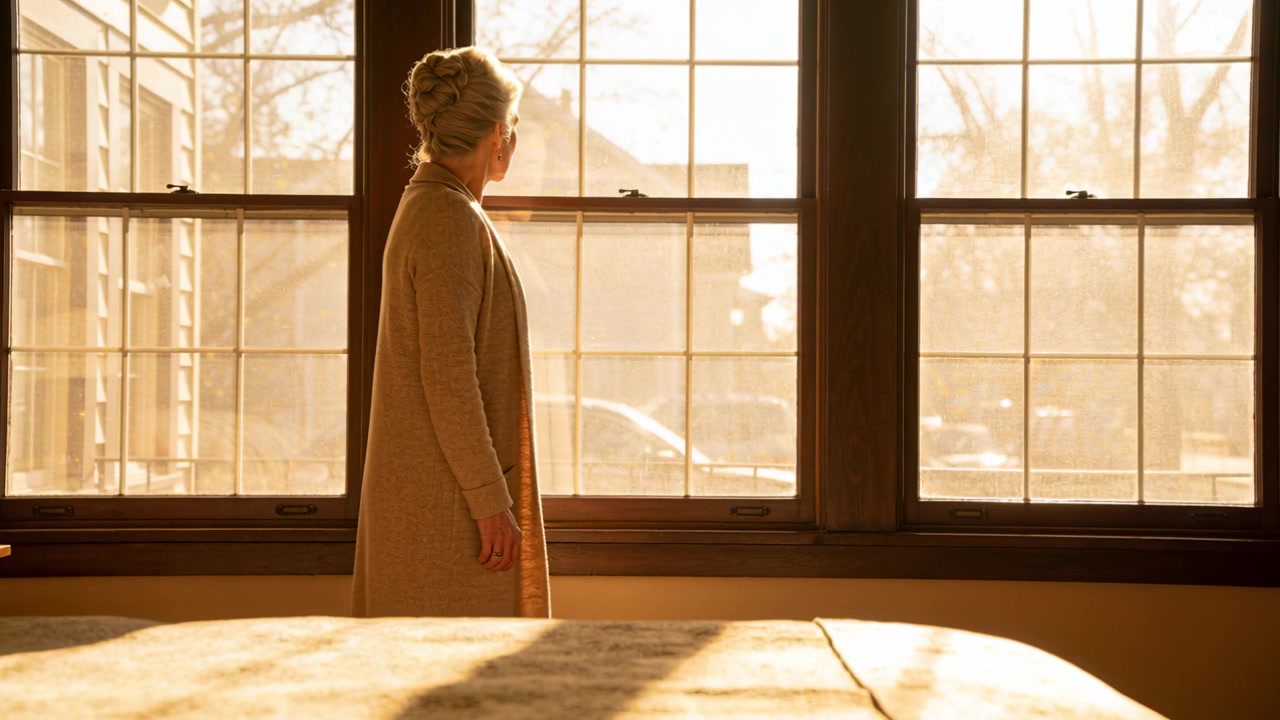 Sunlight nudging senior woman gazing out paned window in bedroom, resting hand on sill, cardigan