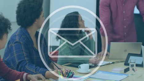 animation of message icon over mid section of a caucasian man giving a presentation at office