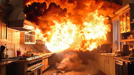 a kitchen with a large fire coming out of the oven