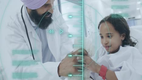 Animation-of-medical-data-processing-over-asian-male-doctor-with-girl-patient