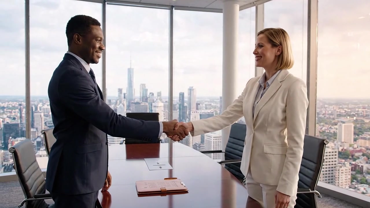 A Professional Business Meeting Between Two Colleagues in an Upscale Office with a Stunning Cityscape Background, Building Connections and Partnerships