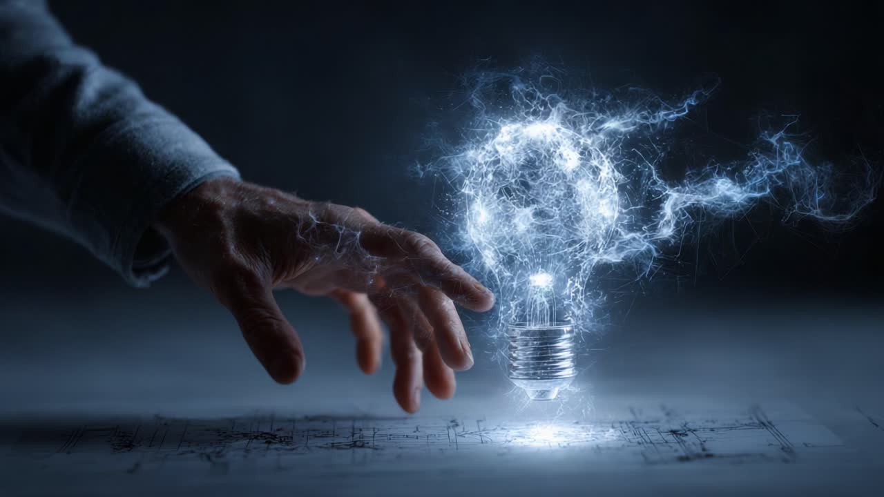 A Hand Reaching Towards a Glowing Light Bulb Surrounded by Electric Sparks, Symbolizing Innovation, Energy, and Creative Ideas in a Darkened Setting