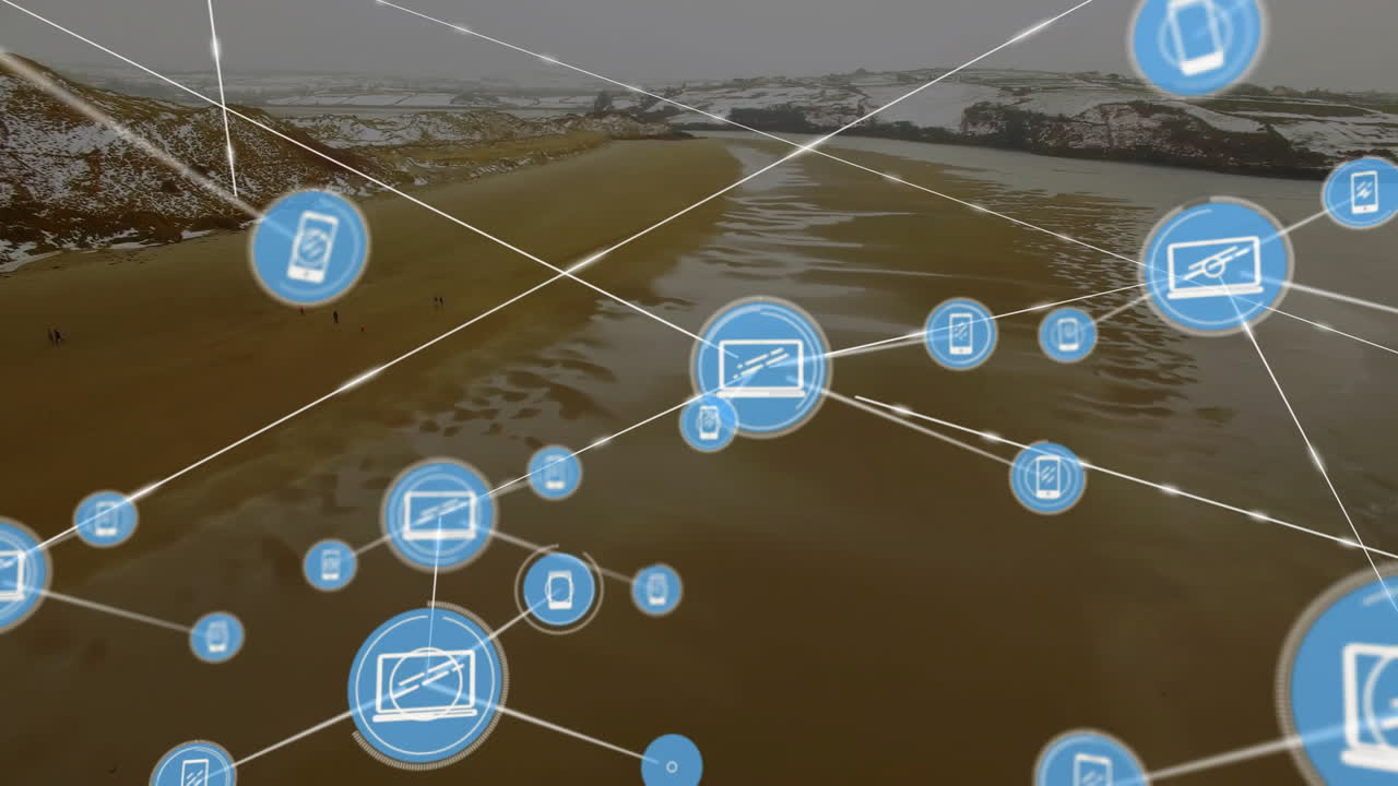 red de dispositivos conectados animación sobre el paisaje costero con playa de arena