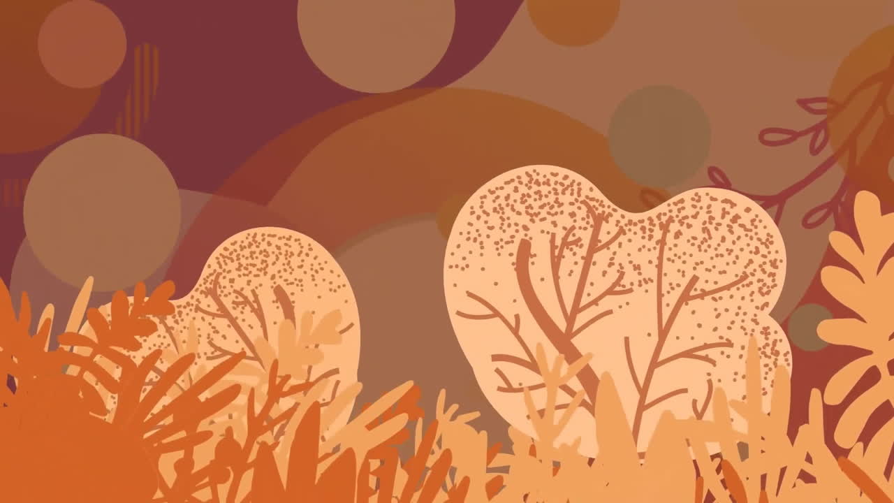 Animation of plantation, with trees in abstract pattern over circles in background