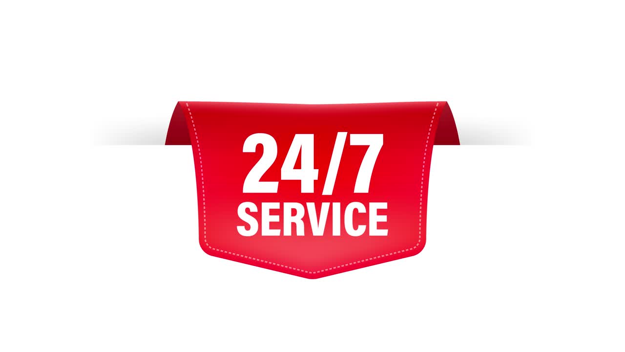 24 hours a day and 7 days a week icon, red ribbon isolated on white background. Motion graphics.