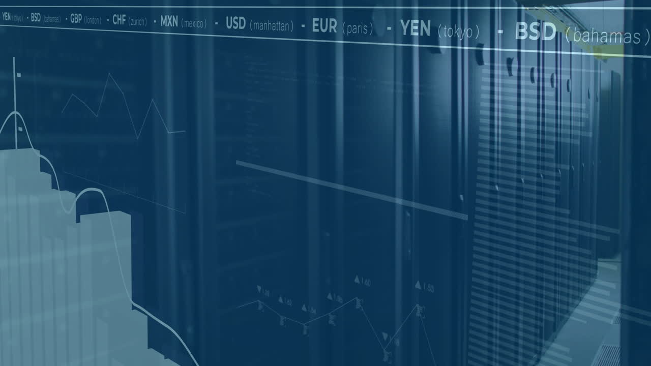 animación del procesamiento de datos financieros a través de la sala de servidores