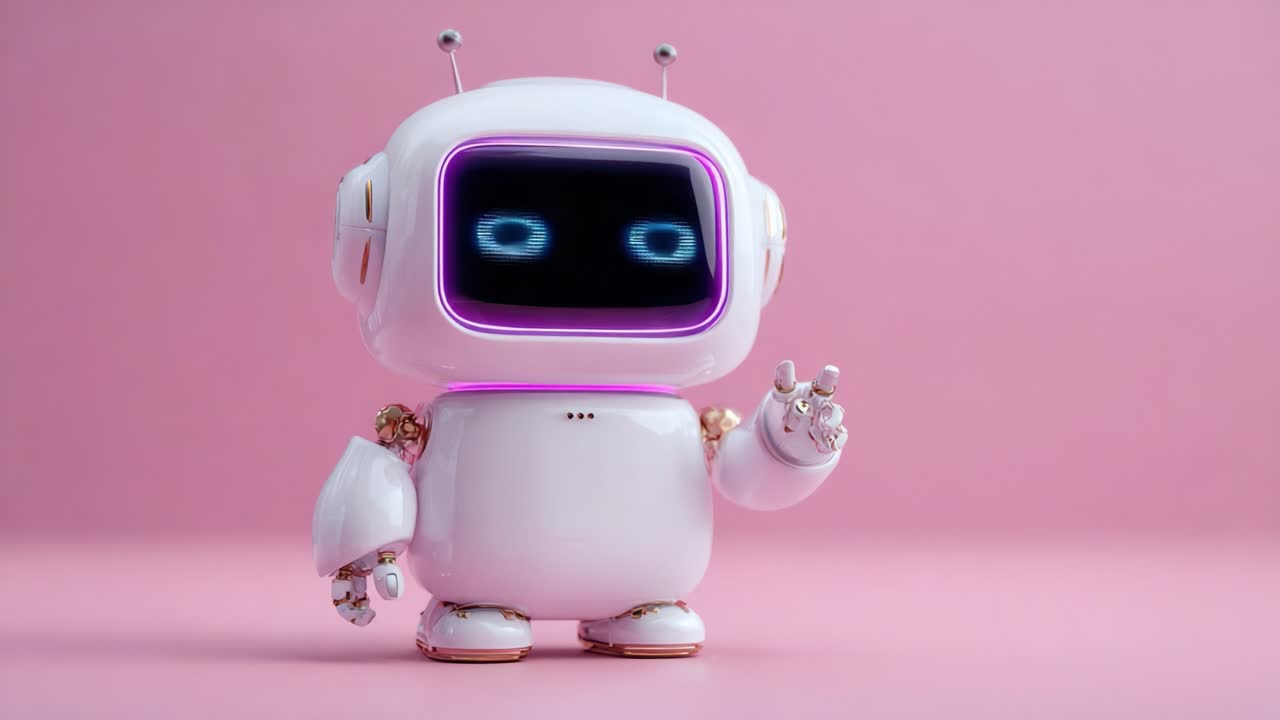 Un affascinante e amichevole personaggio robot dal design giocoso, con occhi luminosi e un aspetto colorato, perfetto per temi di tecnologia moderna e animazione