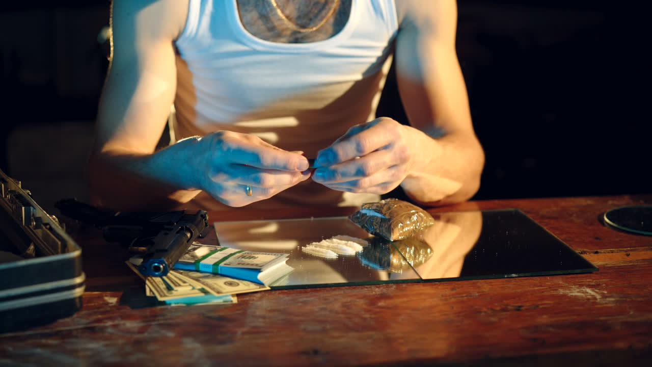 Drug addict preparing cocaine lines. Cocaine powder sorted. Concept of drug abuse. Social problems