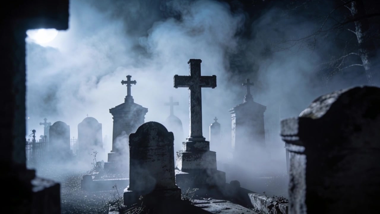 La telecamera si allontana, rivelando un'alta croce centrale che emerge dalla nebbia in un cimitero illuminato dalla luna.