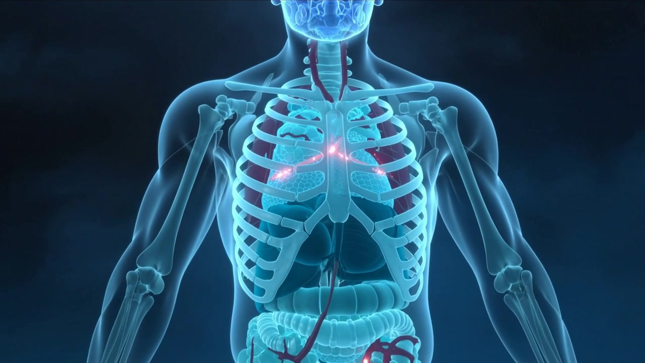 Torso nudo 3D che inizia a ruotare con polmoni pulsanti e punti luminosi sul petto su sfondo scuro per studio