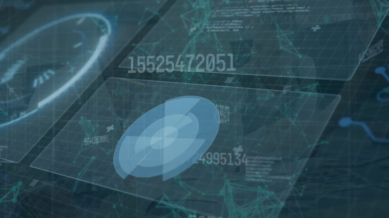 Animation of interface with data processing over diverse colleagues discussing over a plan at office