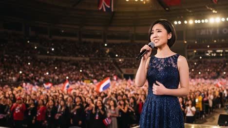 a captivating performance: a talented singer enchants a large audience with emotion and elegance in a stunning blue dress under bright stage lights