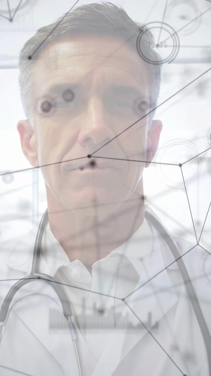 Vertical video: Dr centering while cam shifting, overlays reading stethoscope data for medical use