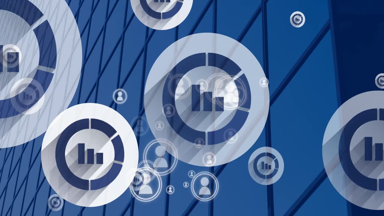 Animation of network of connections with icons over cityscape