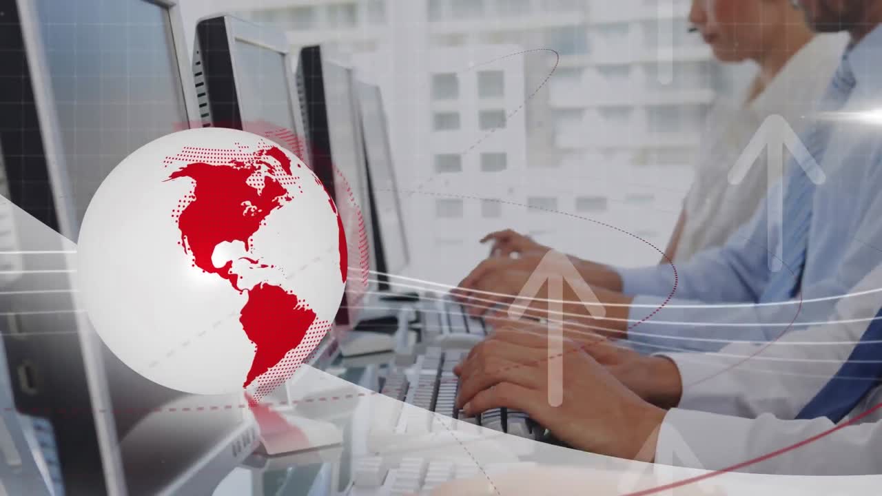 animación del globo y el mapa del mundo sobre personas de negocios que usan auriculares