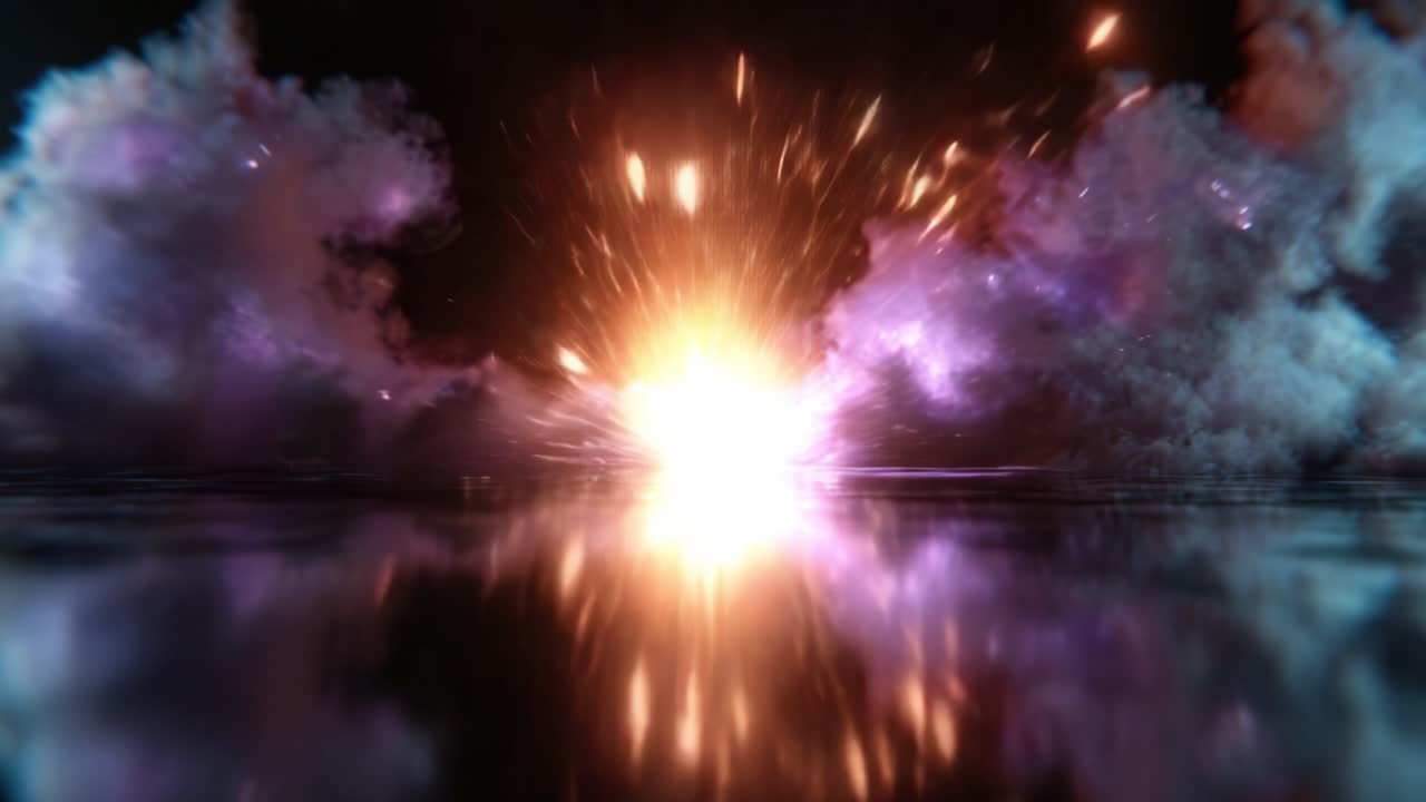 An Abstract Display of Colorful Explosions and Reflections in a Surreal Cosmic Landscape with Clouds and Bright Lights Captured in Vivid Detail