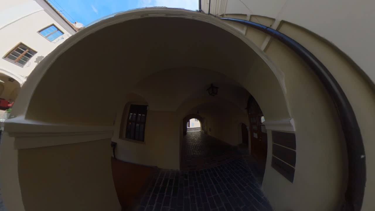 Exploring a Historic European Courtyard: A Fisheye Perspective