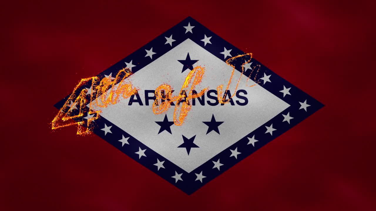 bandera de arkansas fondo para el 4 de julio fuego letras, bucle