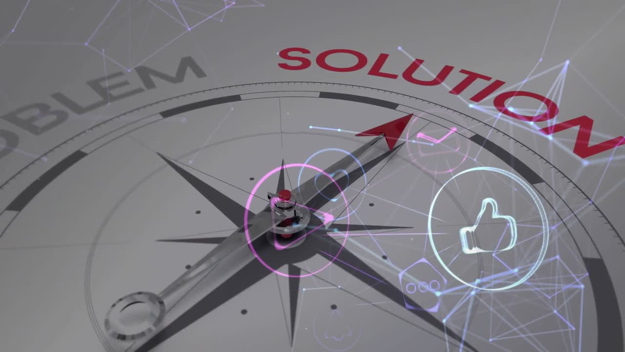 With holographic icons appearing red-tipped arrow pivoting from PROBLEM to SOLUTION for resolution