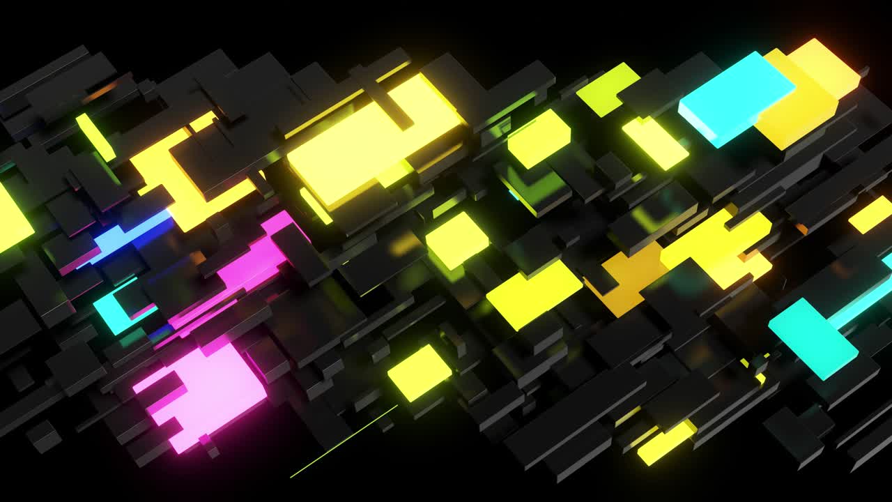 abstract looped 4k fondo oscuro cubos de neón bombillas. visualización de trabajo ai big data o tecnología blockchain. diferentes tamaños de cubos red parpadeando luz de neón multicolor, como la ciudad nocturna.