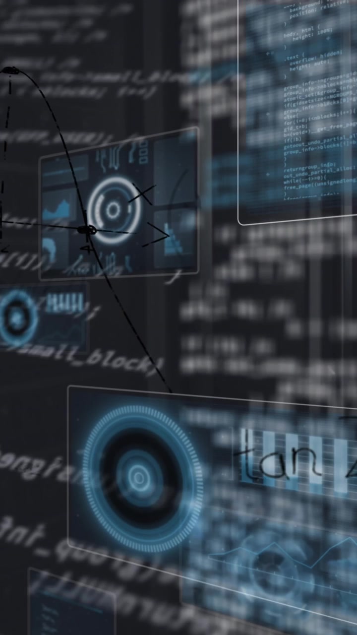 Animation of round scanners, data processing and mathematical equations against server room