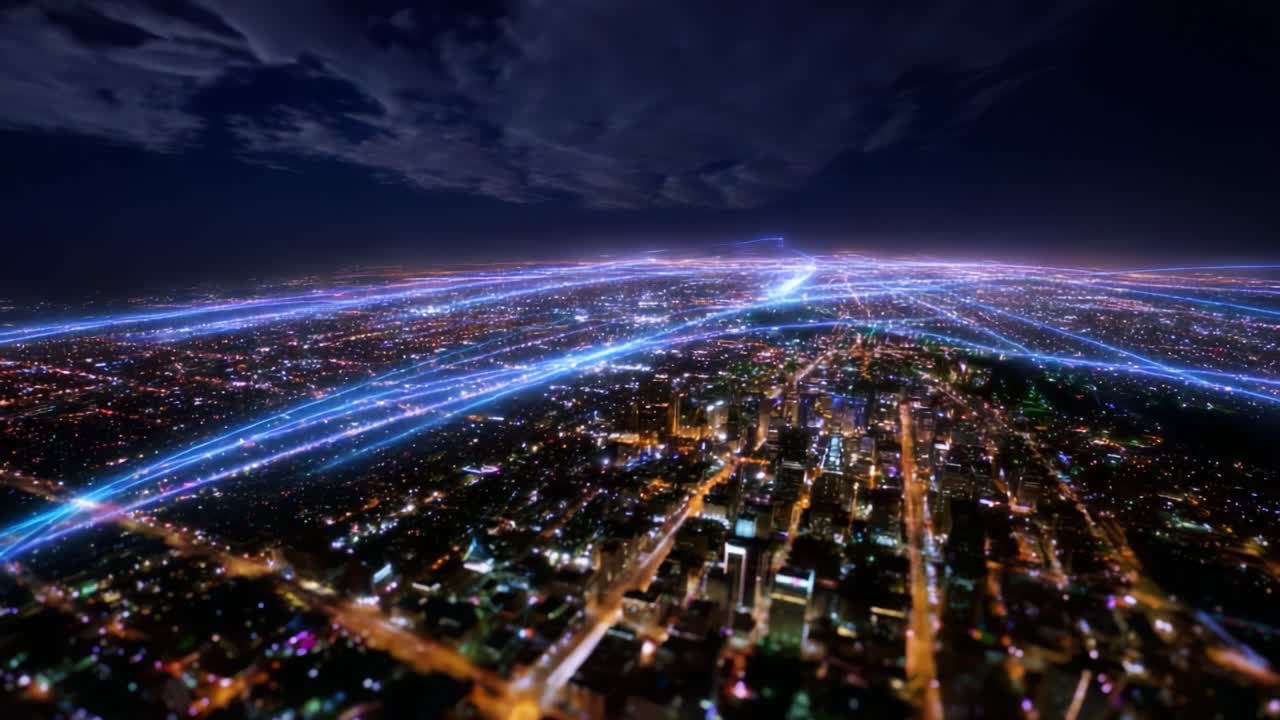 A Stunning Aerial View of an Urban Landscape at Night, Showcasing the Vibrant City Lights Intertwined with Glowing Paths Representing Connectivity and Modern Technology's Impact on Urban Life