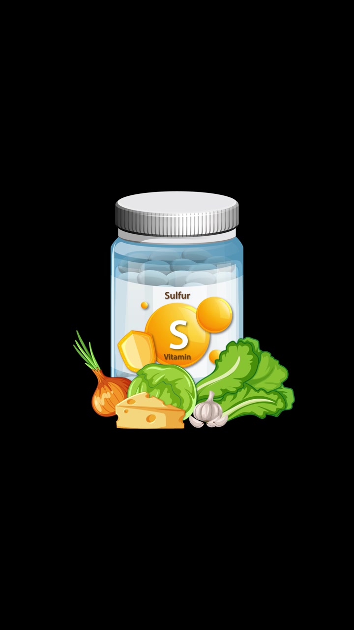 Sulfur vitamin bottle with vegetables and cheese appears on black, smooth additive animation, vertical format