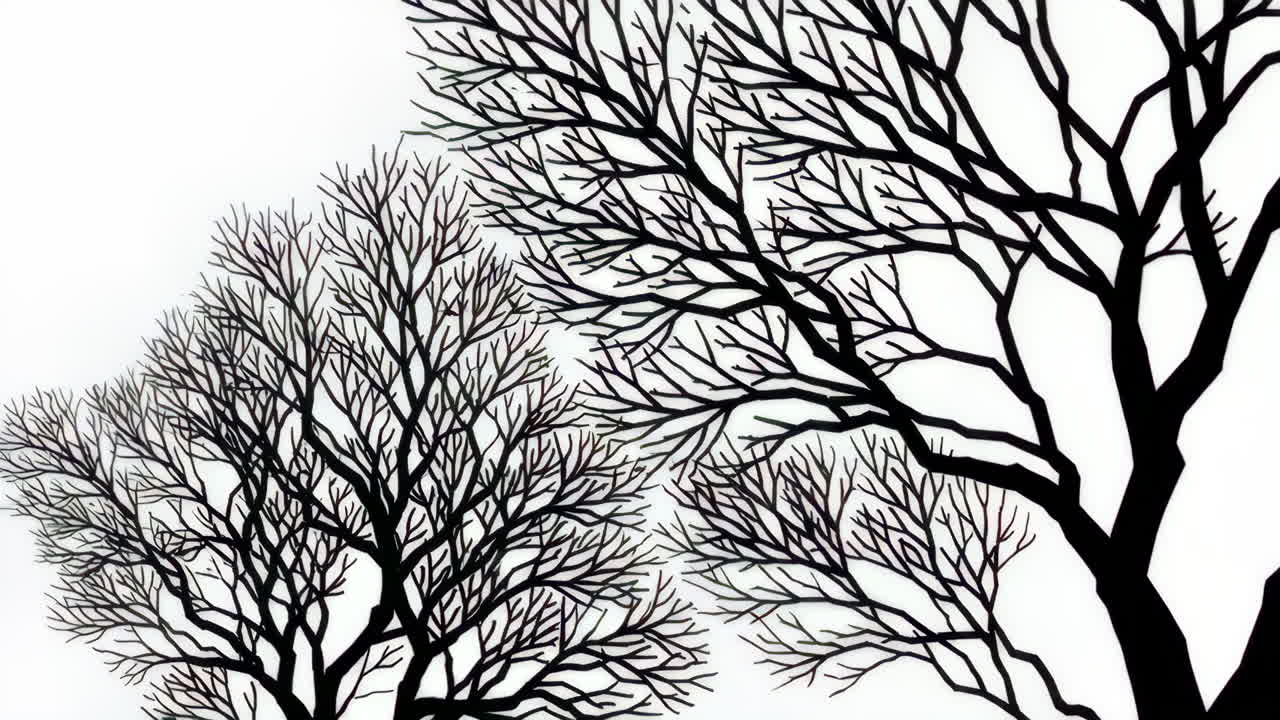 Black Silhouettes of Bare Tree Branches Against a White Background