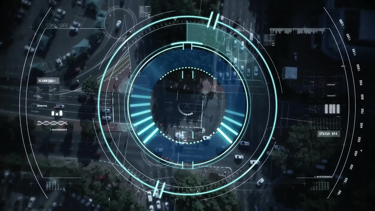 Animation overlaying urban traffic and streets with futuristic digital interface