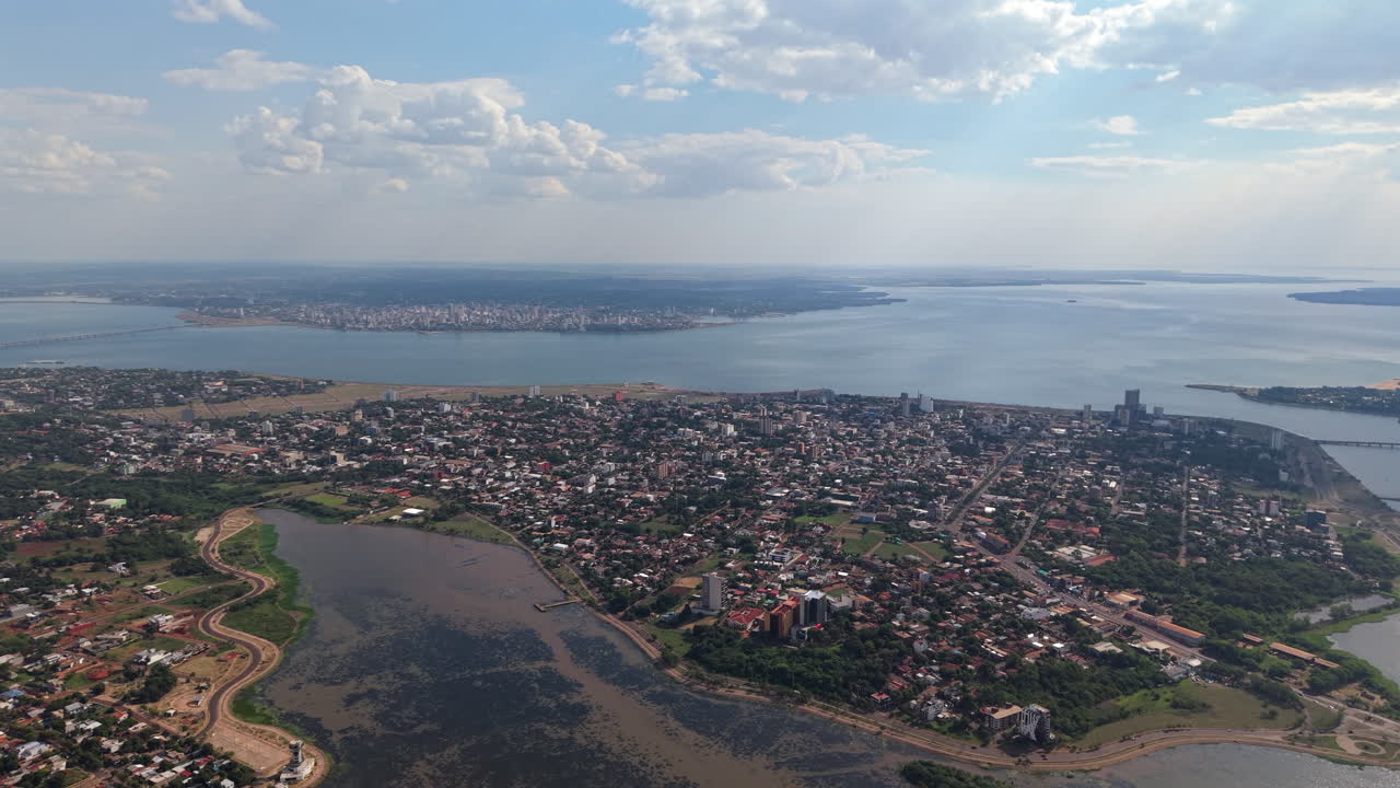 Panorama of Encarnación, Paraguay – Aerial Drone Shot Over the Paraná River border with Argentina