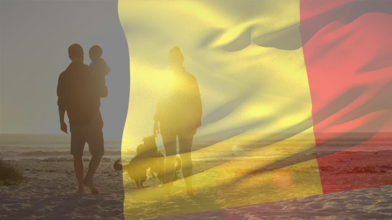 해변에서 아이와 개와 함께 백인 부모 위에 벨기에의  ⁇ 발의 애니메이션