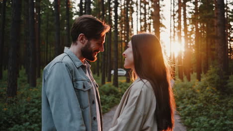 couple in love at sunset in a forest