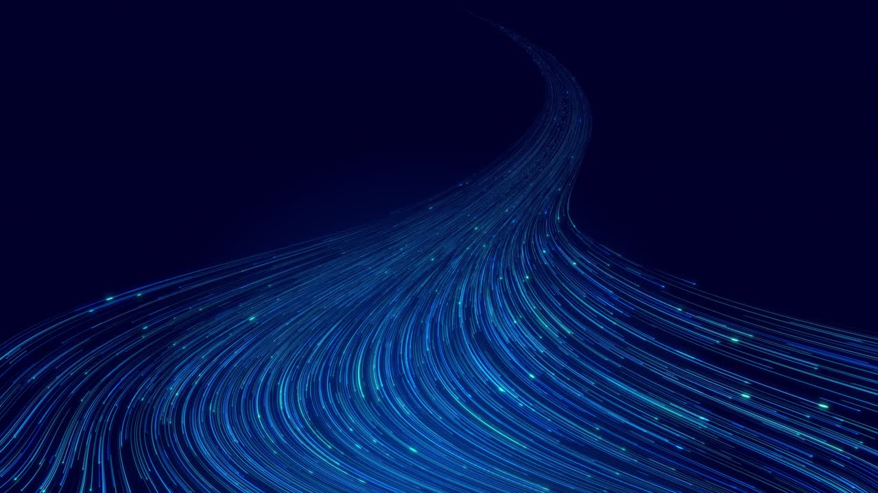 Elegant streams of glowing blue light flares swirl visualizing data flow fiber transmission future