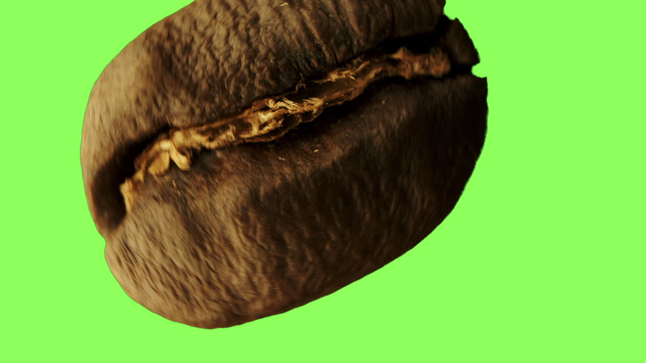 Macro di un chicco di caffè tostato in rotazione.