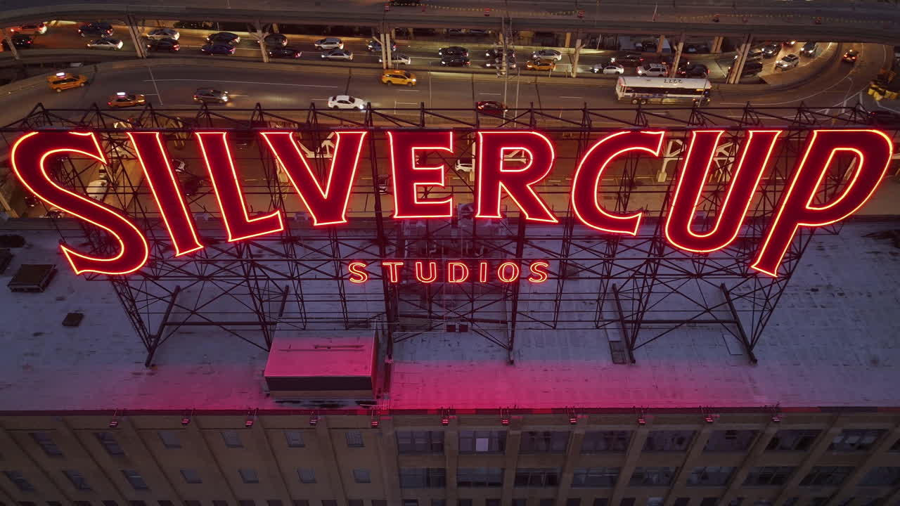 Aerial View of Silvercup Studios Neon Sign at Night