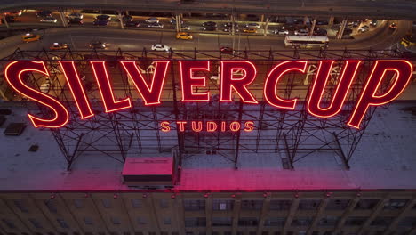 aerial view of silvercup studios neon sign at night