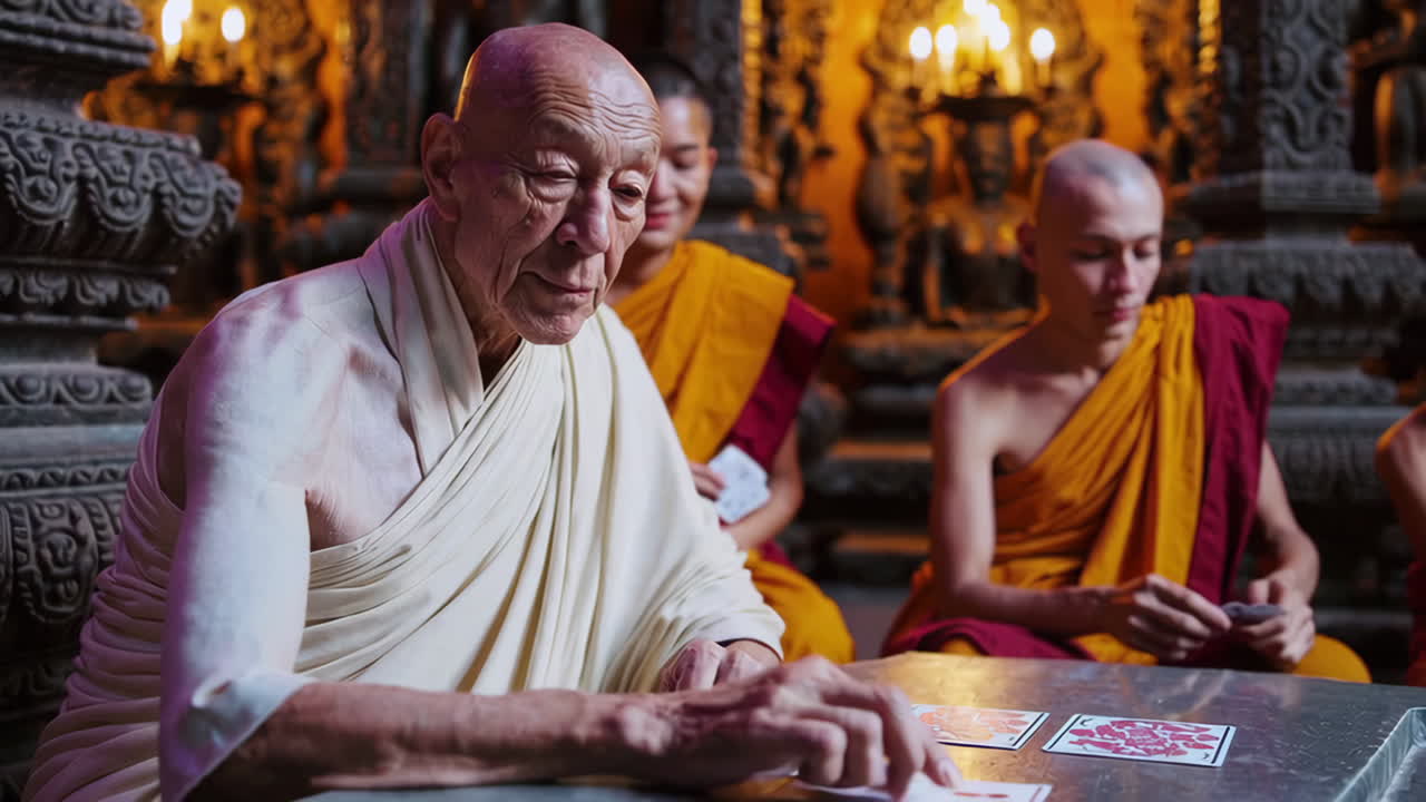 Buddhist Monks Playing Cards in a Temple