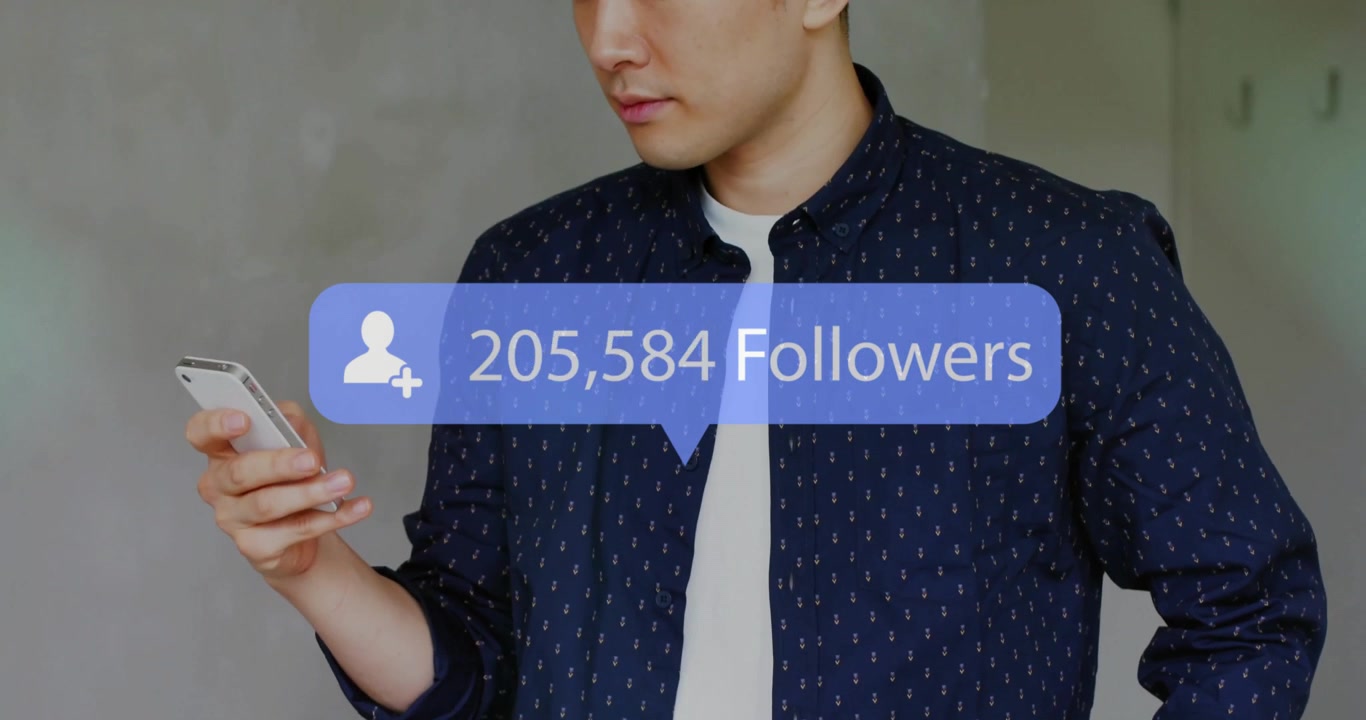Architect holding blueprints glancing at phone with follower bubble tracking growth for marketing