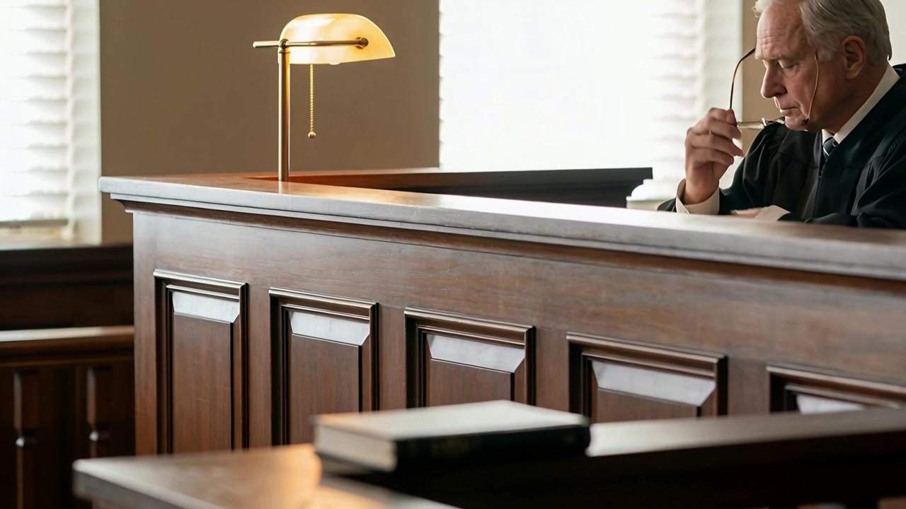 Adjusting senior man coat lifting glasses, leaning to read courtroom book by brass lamp, copy space
