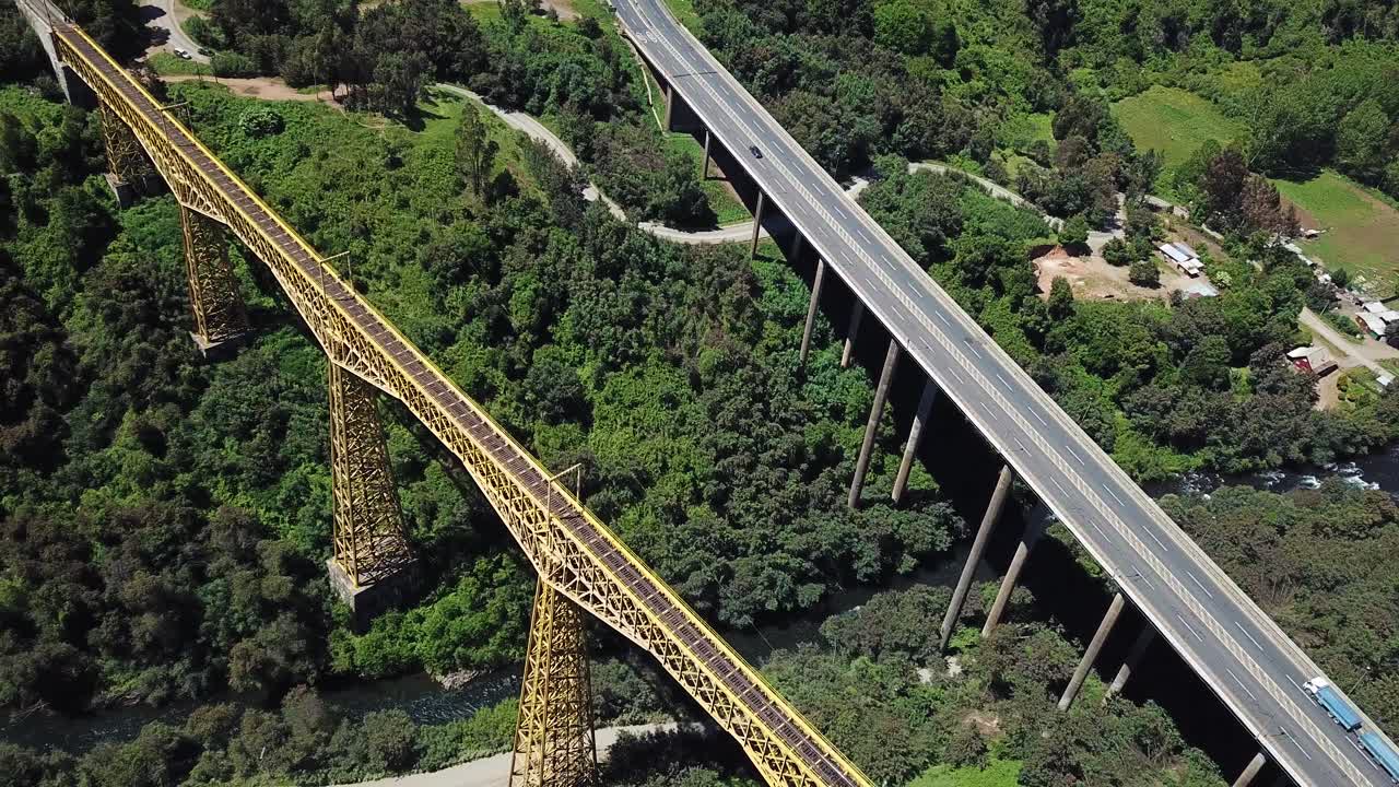Aerial View of Historic Malleco Railway Viaduct and Pan American Highway Bridge, Chile, Collipulli