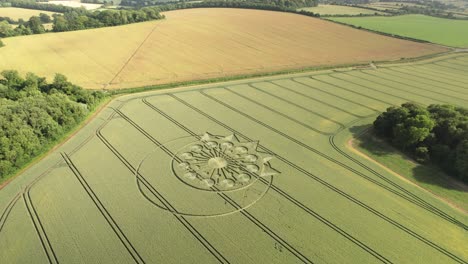 círculo de cultivo y campos verdes en owslebury, inglaterra - toma aérea de un dron