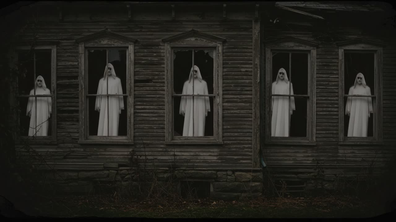Haunting Spirits Gazing from Abandoned Windows: Unveiling the Shadows of a Forgotten Place Captivated by Mysterious Figures in Ethereal Drapes