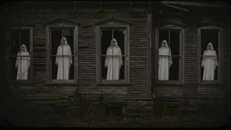 haunting spirits gazing from abandoned windows: unveiling the shadows of a forgotten place captivated by mysterious figures in ethereal drapes