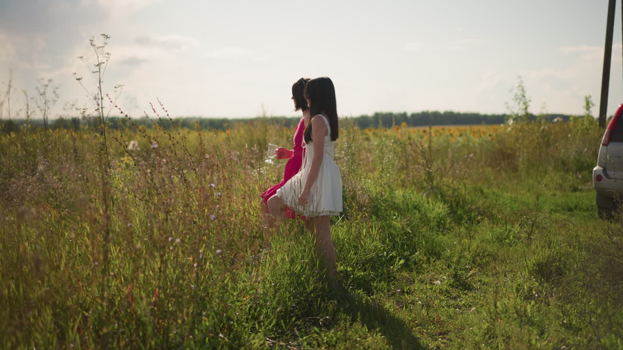 Dos chicas paseando por una pradera iluminada por el sol, dejando el coche aparcado al borde, cogidas de la mano mientras caminan entre altas flores silvestres, luz dorada de la tarde, amistad despreocupada y ambiente veraniego nostálgico.
