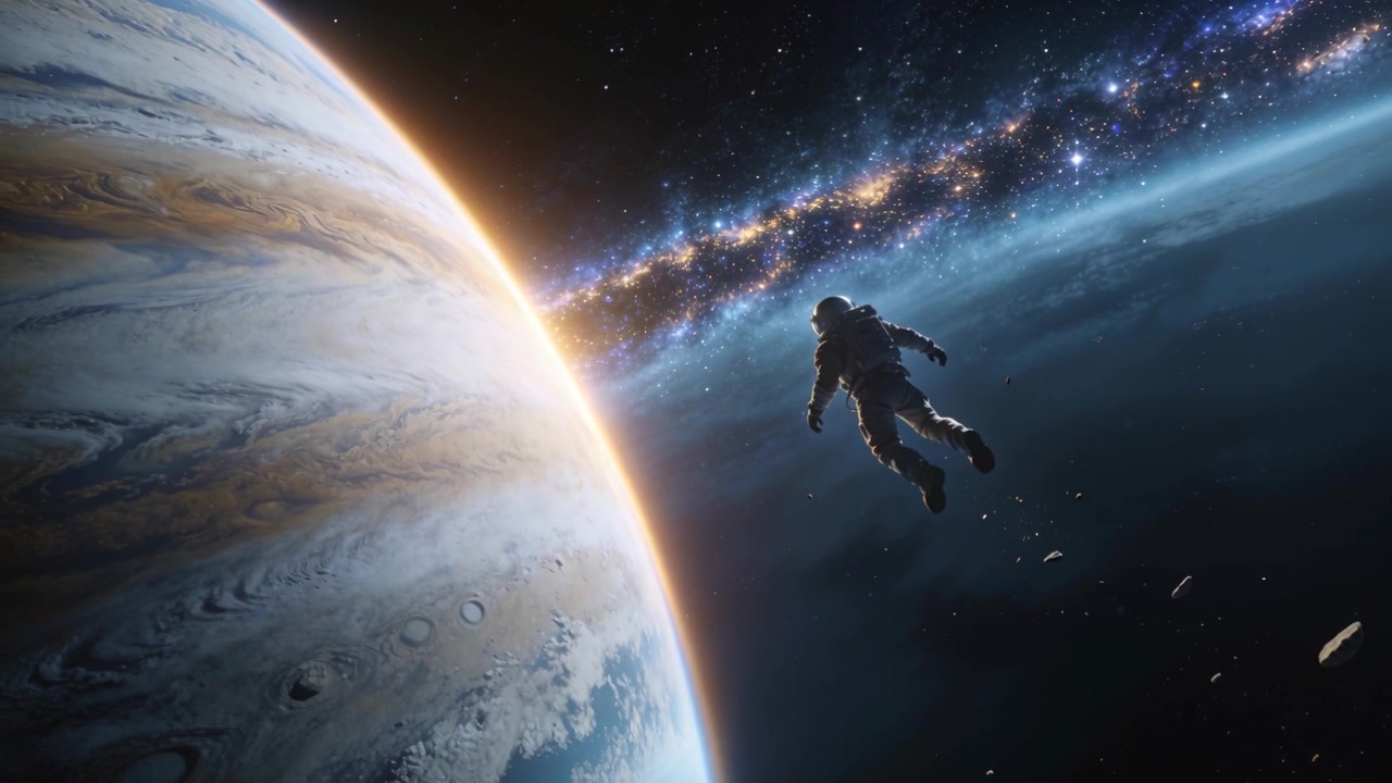 Astronot berbusana EVA tanpa ikatan dengan PLSS melayang melewati cakrawala planet dengan puing-puing, ruang untuk teks
