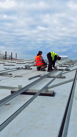 installation of renewable green energy. solar panel technician installing metal platform